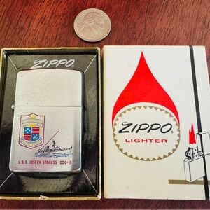 NIB/NOS Vintage ZIPPO Chrome Lighter with U.S.S. Joseph Strauss DDG-16- WWII